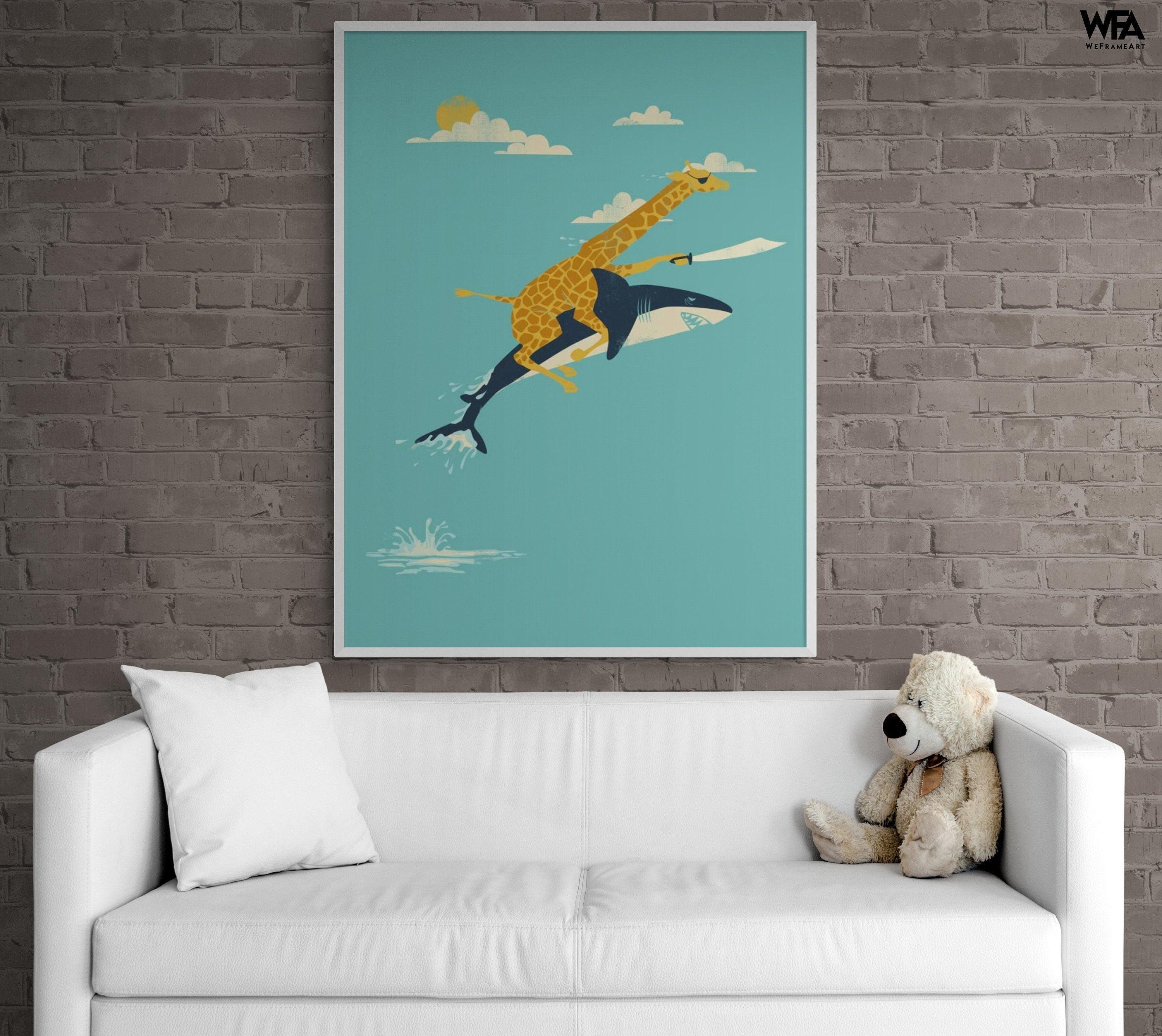 Cute Shark Poster Print, Framed Pirate Wall Art, Giraffe Illustration Print, Adventure Art Print, Cute Animals Art, Framed Wall Art