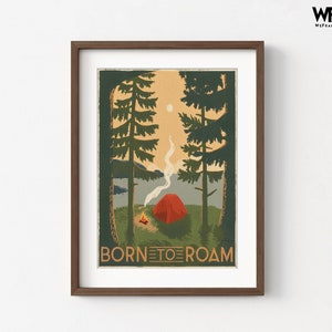 Retro Camping Poster, Framed Camping Poster Oversized Wall Art, Vintage Camping Poster, Camping Wall Art, Nature Large Wall Art Walnut + Mat