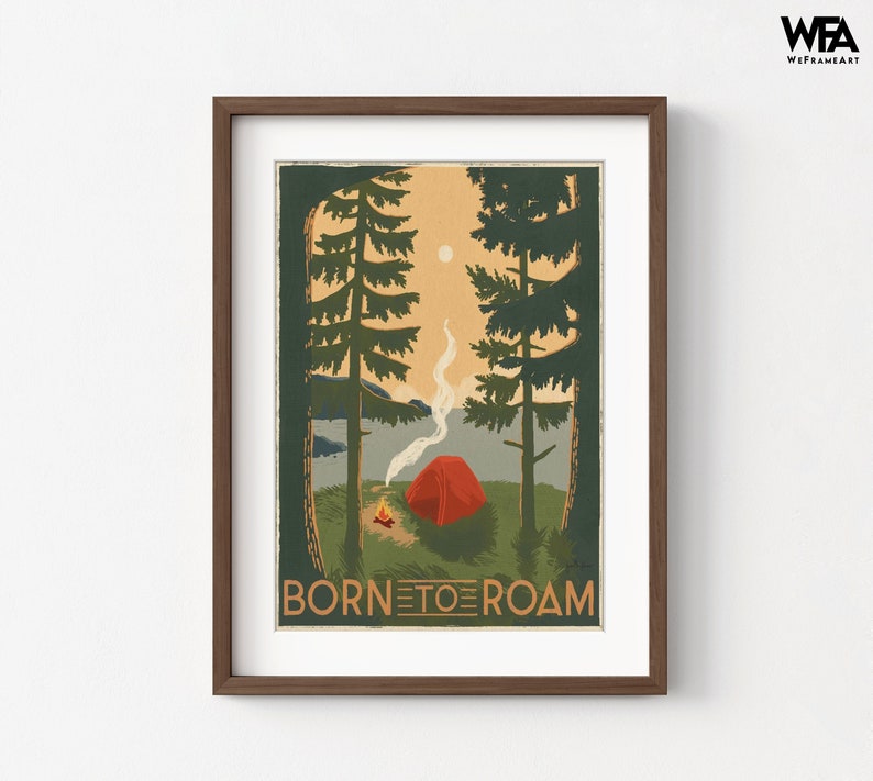 Retro Camping Poster, Framed Camping Poster Oversized Wall Art, Vintage Camping Poster, Camping Wall Art, Nature Large Wall Art Walnut + Mat