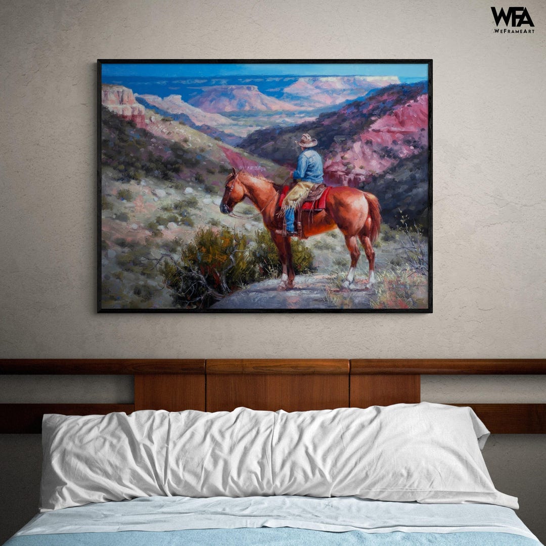 Cowboy and Horse Landscape Painting Print, Framed Western Wall Art - Etsy