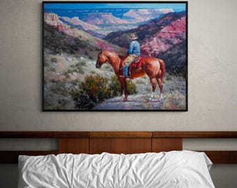 Cowboy and Horse Landscape Painting Print, Framed Western Wall Art