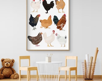 Hens In Glasses by Hanna Melin, Rustic Rural Chicken Decor, Farmhouse Cute Kid Wall Art, Farmer Baby Nursery Decor, Farm Animal Art