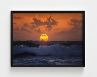 Beach Sunset Framed Print, Ocean Wave Photography, Tropical Wall Decor