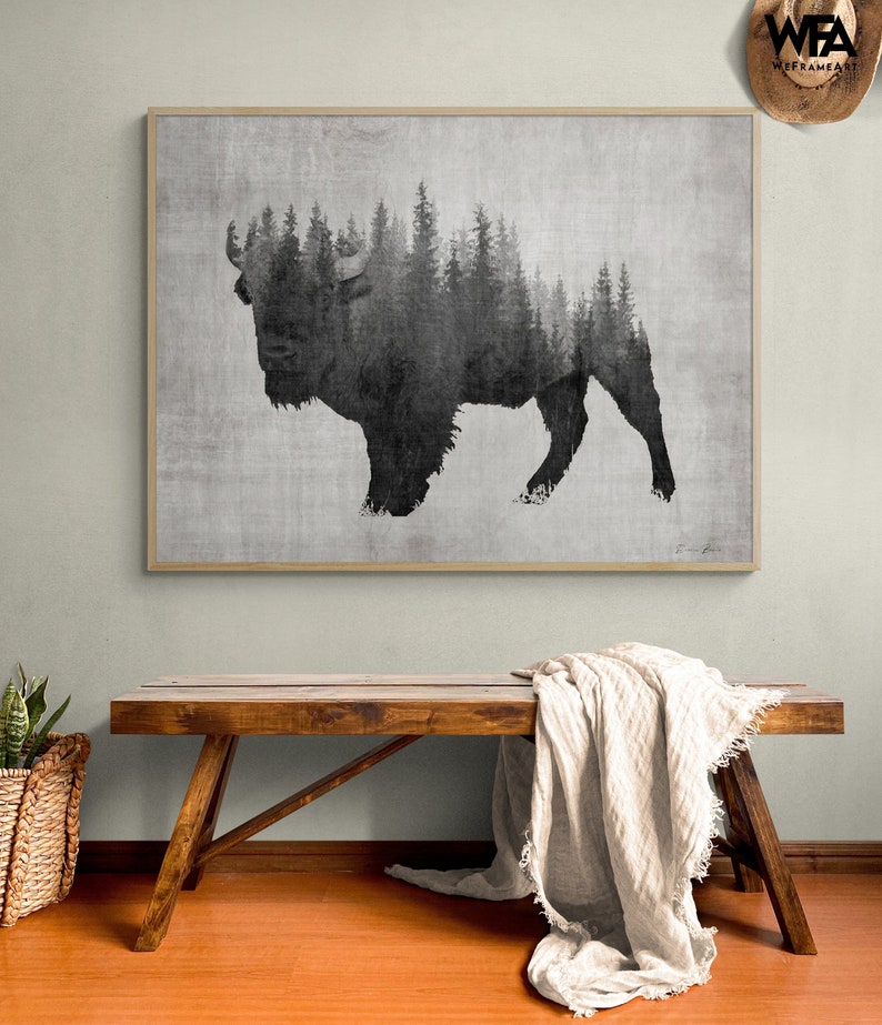Large Bison Art Print, Framed Abstract Forest Print, American Bison Print,Steppe Bison Art,Cowboy Wall Art,Dark Forest Print,Framed Wall Art image 1