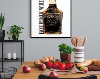 Bourbon Whiskey Bottle Art Print, Bar Wall Decor
