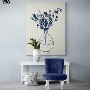 Indigo Floral Vase Art Print, Framed Flower Wall Decor