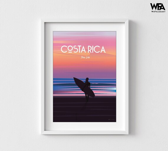 Costa Rica Travel Poster Print, Surfer Wall Art, Framed