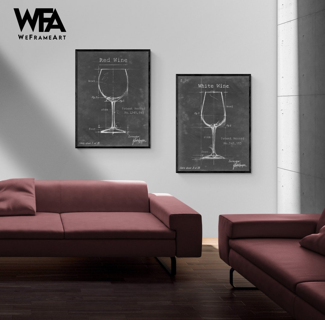 Set of 2 Wine Glasses Print, White Wine Glass Wall Art, Black and White Wine Drawing, Framed ...