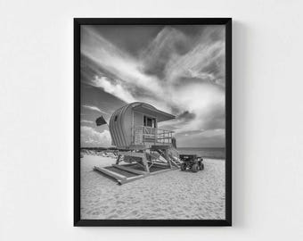 Lifeguard Tower on the Beach – Black and White Coastal Photography Print