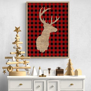 Farmhouse Christmas 6 v2 by Kimberly Allen, Rustic Christmas Cabin Decor, Plaid Christmas Wall Art, Rudolph Minimalist Shape Poster