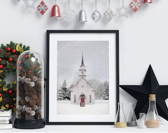 Christmas Scenery Wall Art Church Snowy Day Xmas Eve Holy Night Photography Print Framed Minimalist Festive Religious Christian Poster