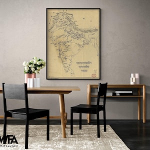 Map of India with place names in India associated with the Mahabharata, Antique Indian Map Poster, Indian Restaurant Wall Decor