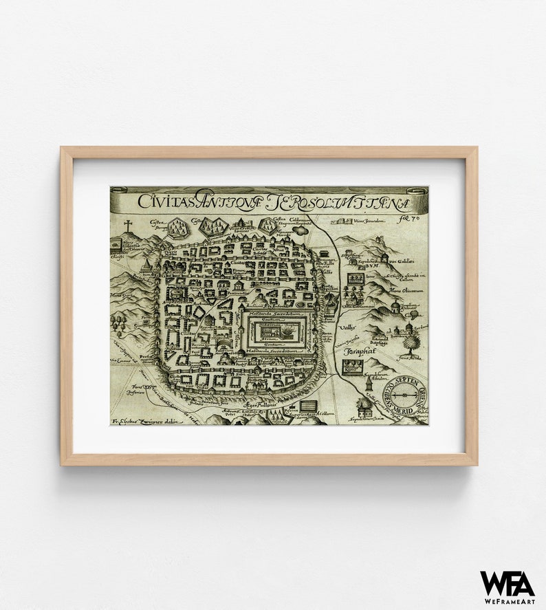 Modern Antique Map of Jerusalem, Religious House Decor, Holy Land Poster, Biblical Places Map Prints, Church Wall Art,Christian Entryway Art Natural + Mat
