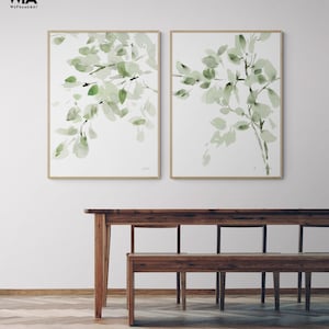 Green Watercolor Leaves Print, Set of 2 Framed Watercolor Painting Print, Botanical Wall Decor, Framed Wall Art, Oversized Wall Art