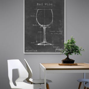 Red Wine Glass Blueprint, Framed Wine Lover Gift, Bar Wall Decoration, Sommelier Gift Print, Black and White Print, Framed Wall Art