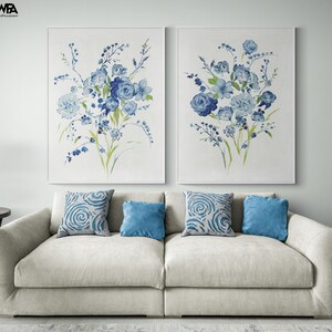 Blue Floral Art Print Set, Watercolor Flower Poster, Anniversary Gift