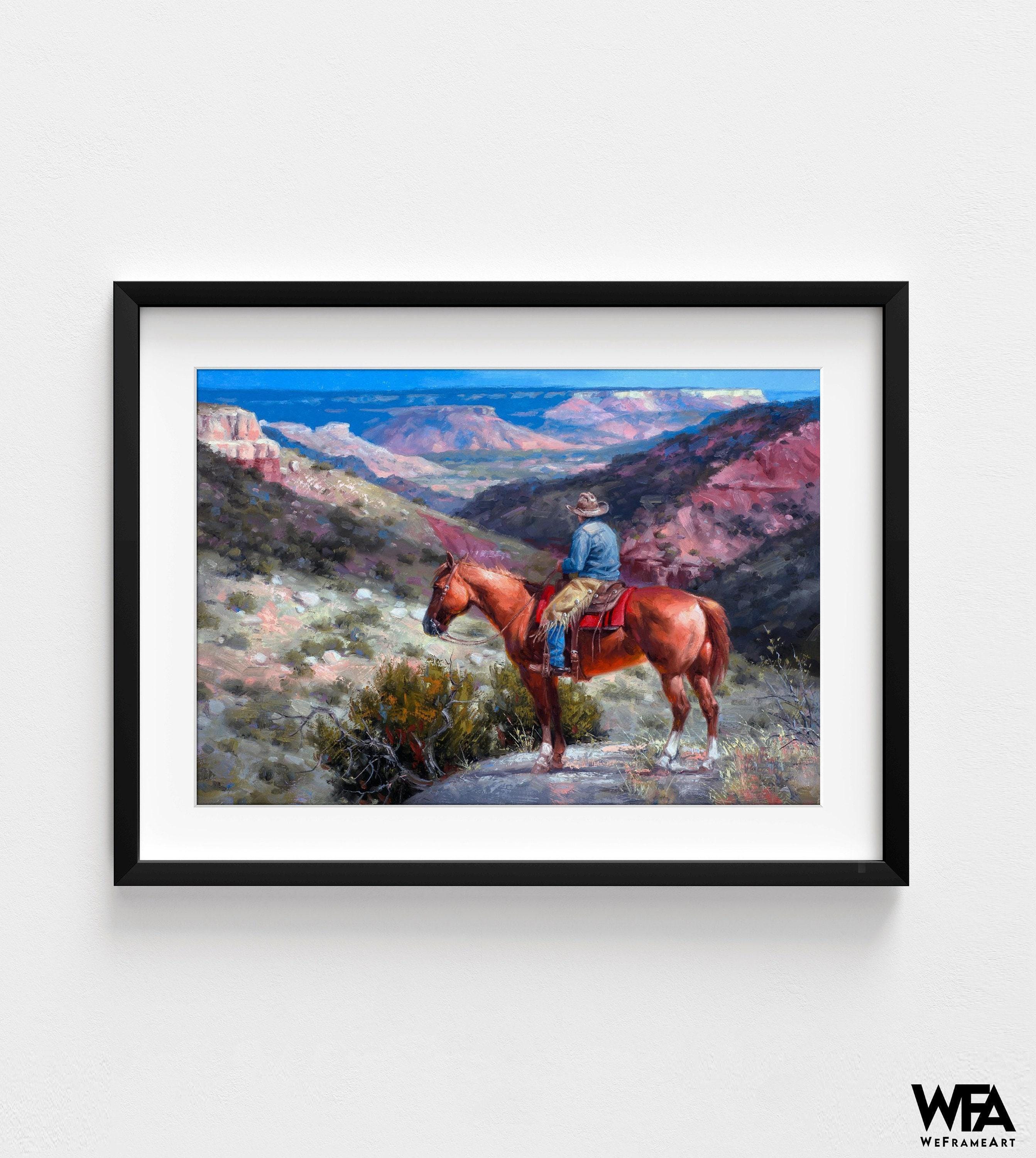 Cowboy and Horse Landscape Painting Print, Framed Western Wall Art - Etsy