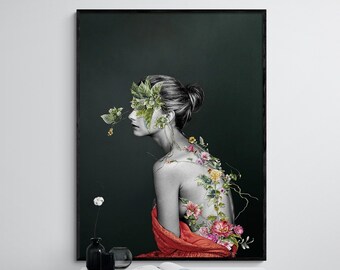Floral Woman Portrait, Botanical Art Print, Feminine Bedroom Decor