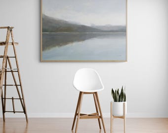 Lake View Painting Print, Framed Cold Tones Landscape Print, Calm Lake Painting, Lake House Decor, Scenic Lake Painting, Framed Wall Art