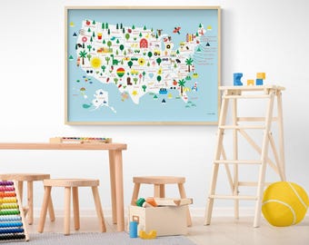 Fun USA Map Print, Colorful Kids Playroom, Nursery Wall Art
