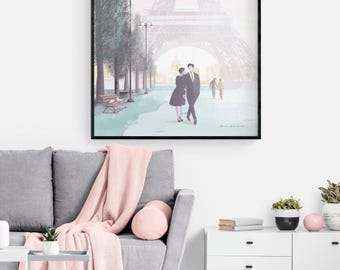 Eiffel Tower Couple Art Print, Paris Love Illustration