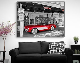 Red Corvette Photo Print, Framed Vintage Car, Route 66 Art