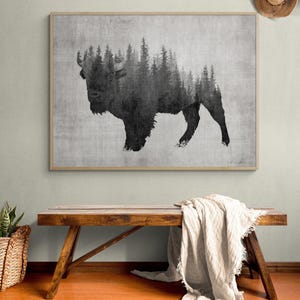 Large Bison Art Print, Framed Abstract Forest Print, American Bison Print,Steppe Bison Art,Cowboy Wall Art,Dark Forest Print,Framed Wall Art