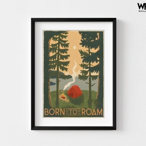 Retro Camping Poster, Framed Camping Poster Oversized Wall Art, Vintage Camping Poster, Camping Wall Art, Nature Large Wall Art Black + Mat