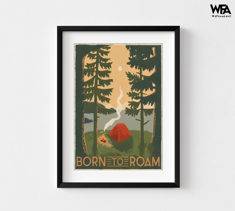 Retro Camping Poster, Framed Camping Poster Oversized Wall Art, Vintage Camping Poster, Camping Wall Art, Nature Large Wall Art Black + Mat