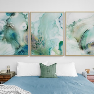 Set of 3 Green Watercolor Prints, Framed Extra Large Wall Art Abstract Print, Watercolor Painting Print, Framed Wall Art, Oversized Wall Art
