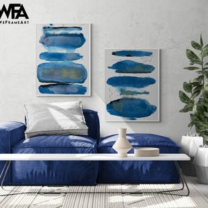 Blue Extra Large Wall Art Abstract Print, Framed Abstract Constellations Wall Prints, Set of 2 Abstract Oil Paintings Oversized Wall Art