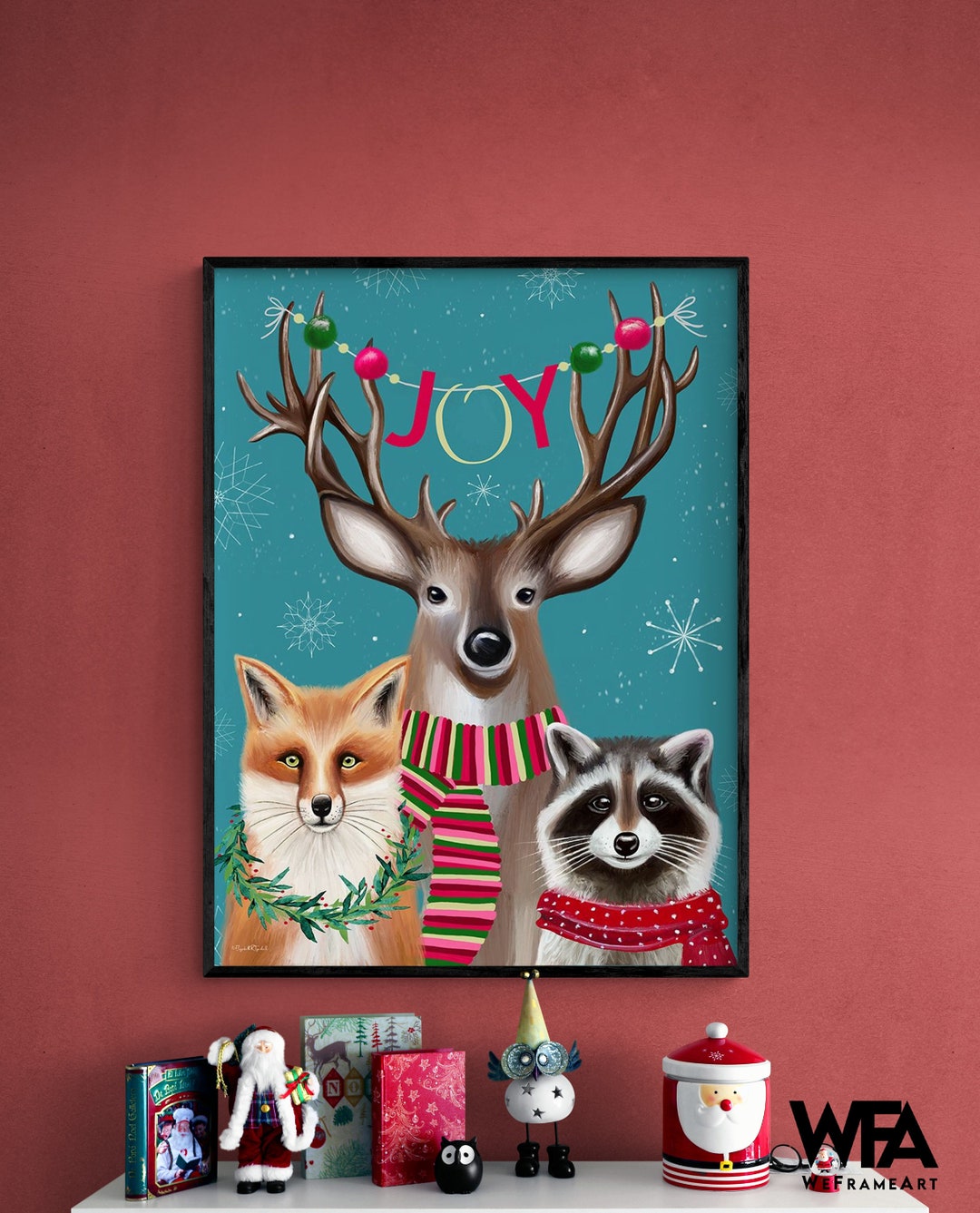 Red Fox Christmas Cabin Wall Art Raccoon Xmas Illustration Etsy