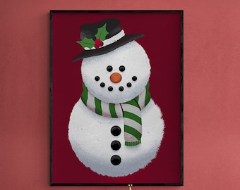 Winter Snow Friend by Marcus Prime, Snowman Poster Print, White Christmas Living Room Decor, Winter Cabin Rustic Decor, Cute Snowman Art