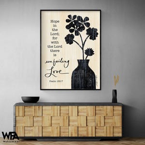 Psalm 130:7 Floral Bible Verse Art Print, Christian Home Decor