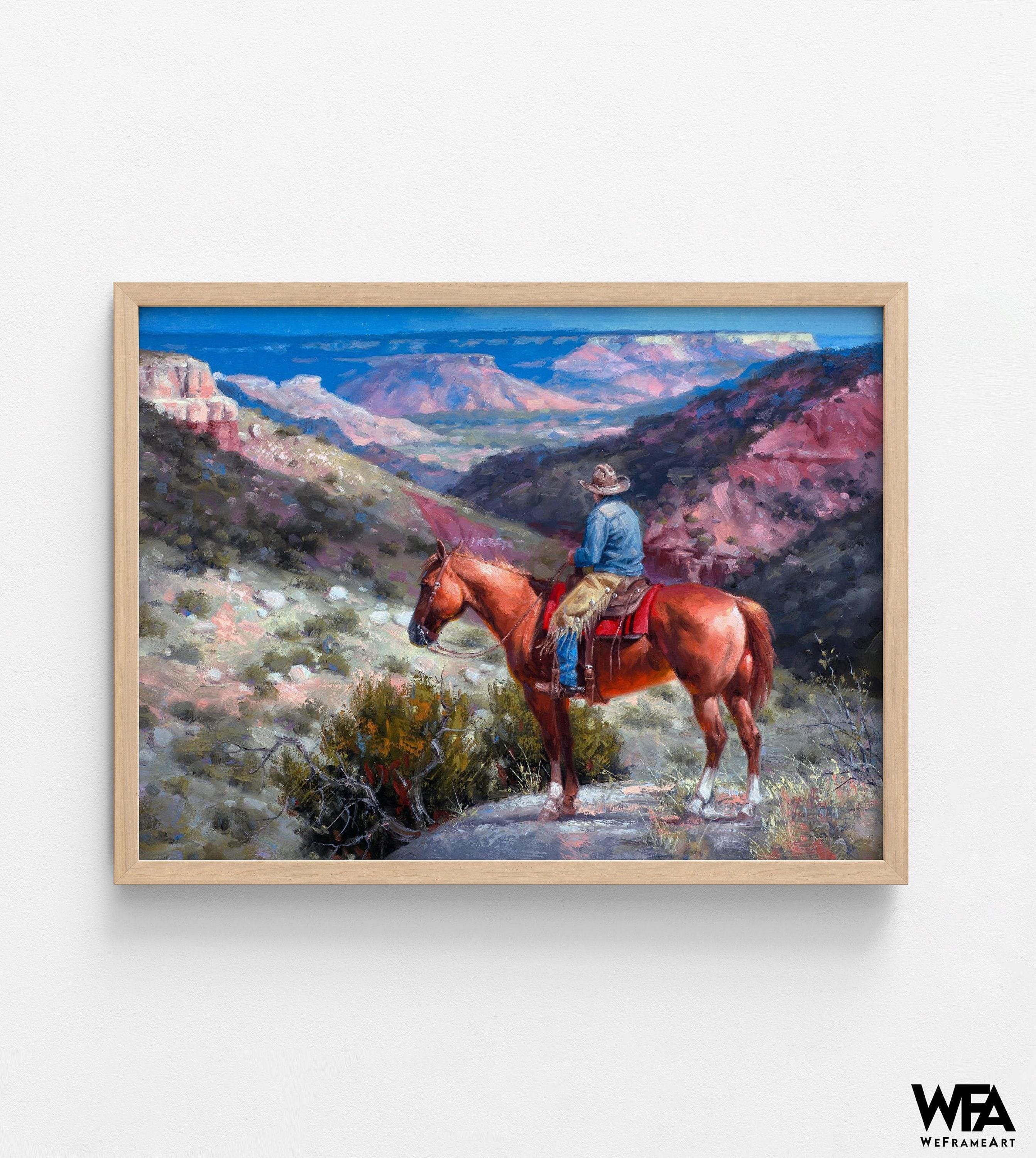 Cowboy and Horse Landscape Painting Print, Framed Western Wall Art - Etsy