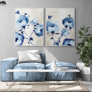Set of 2 Blue Flowers Prints, Oversized Botanical Wall Art, Framed Floral Decor for Modern Home