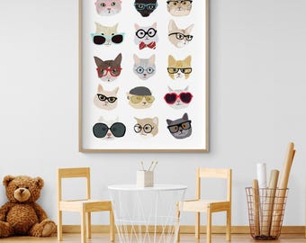 Cats with Glasses by Hanna Melin, Cute Kitten Wall Art, Baby Cat Nursery Decor, Newborn Gift Idea, Kindergarten Wall Decor, Baby Room Decor