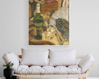 Scotch Still Life Oil Painting Print, Whiskey Bar Art