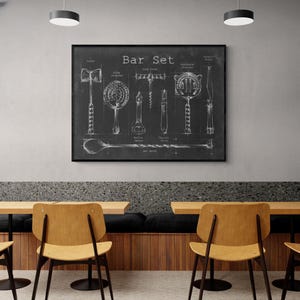 Bar Set Drawing Print, Framed Bar Decor, Minimal Cocktail Art, Cocktail Wall Art, Black and White Art, Chalkboard Wall Decor,Framed Wall Art