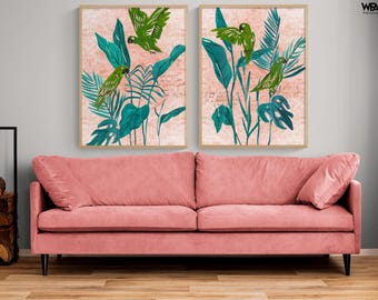 Framed Parrot Painting Prints, Tropical Botanical Wall Decor, Set of 2