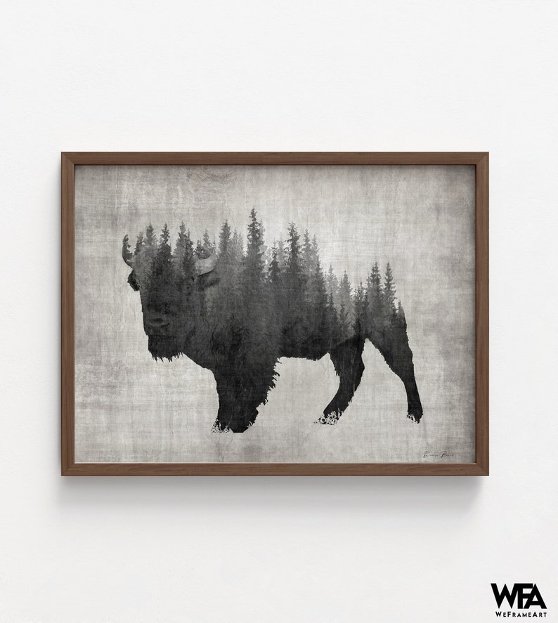 Large Bison Art Print, Framed Abstract Forest Print, American Bison Print,Steppe Bison Art,Cowboy Wall Art,Dark Forest Print,Framed Wall Art image 9