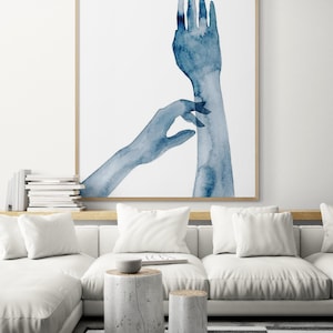Framed Blue Watercolor Hands Print, Feminine Hand Wall Art, Female Body Part Painting, Spa and Salon Decor