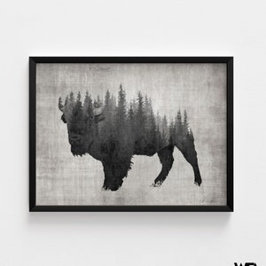 Large Bison Art Print, Framed Abstract Forest Print, American Bison Print,Steppe Bison Art,Cowboy Wall Art,Dark Forest Print,Framed Wall Art image 7