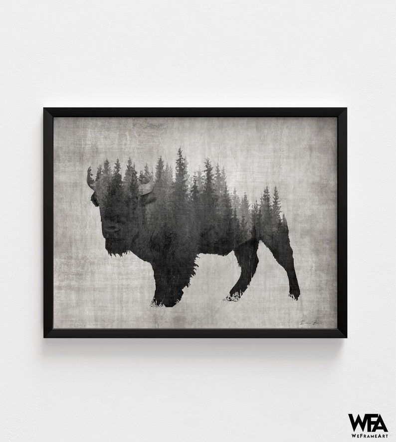 Large Bison Art Print, Framed Abstract Forest Print, American Bison Print,Steppe Bison Art,Cowboy Wall Art,Dark Forest Print,Framed Wall Art image 7