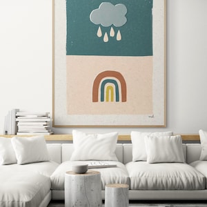 Boho Rainbow Nursery Poster Wall Art, Rainy Day Poster, Minimalist Storm Print, Boho Nature Poster Print, Framed Boho Art
