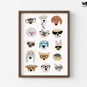 Dogs with Glasses by Hanna Melin, Doggo Wall Art, Cute Dog Nursery Print, Baby Nursery Gift Idea, Gender Neutral Playroom Decor Walnut Frame