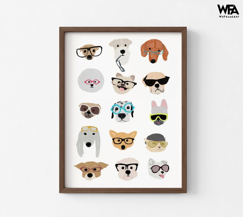 Dogs with Glasses by Hanna Melin, Doggo Wall Art, Cute Dog Nursery Print, Baby Nursery Gift Idea, Gender Neutral Playroom Decor Walnut Frame