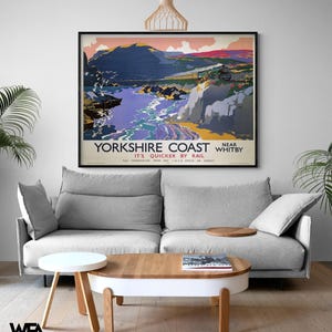 Yorkshire by Rail Poster, Retro Train Decor, Railroads Vintage Poster Print, Framed Train Lover Birthday Gift Idea, Man Cave Wall Art