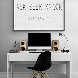 Ask, Seek, Knock, Extra Large Framed Matthew 7:7 Print, Matthew Bible Verse Poster, Minimalist Bible Wall Decor, Christian Office Gift