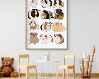 Guinea Pigs In Glasses by Hanna Melin, Cute Small Animal Gender Neutral Nursery Decor, Adorable Guinea Pig Poster, Pet Poster Print